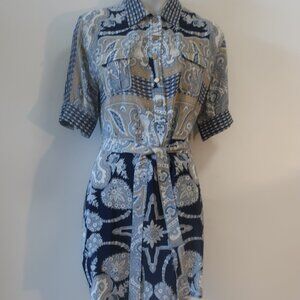 NWOT Womens Gold Hawk 100% Silk Blue, White, Tan Print Belted Dress M